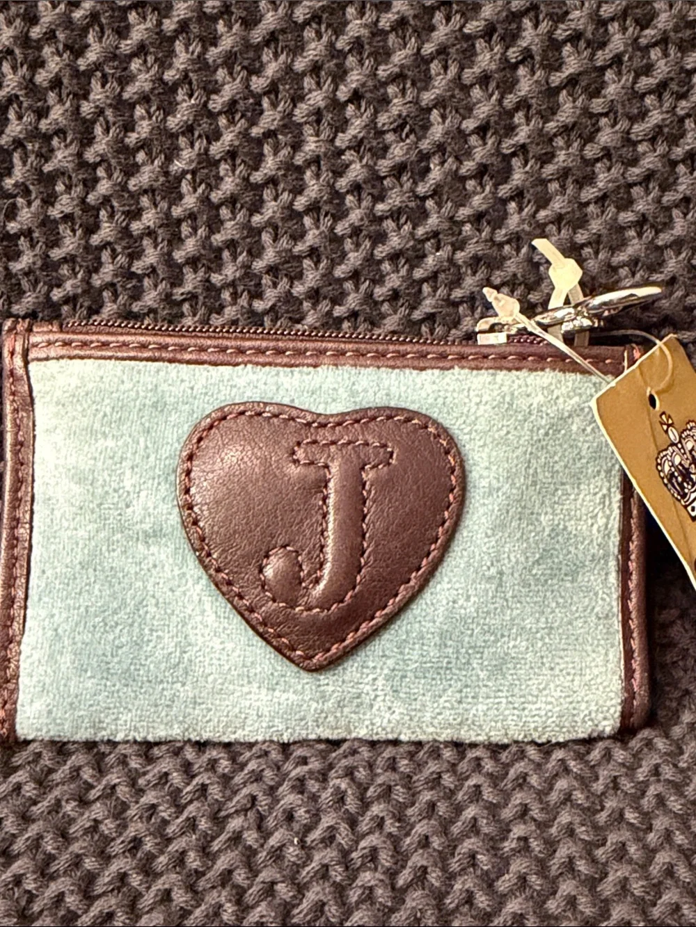 Juicy Couture Mint & Brown Embroidered Zip Card Case